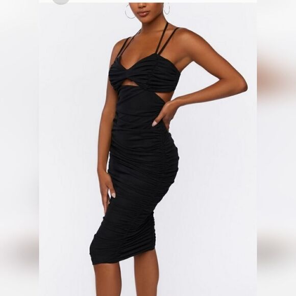 FOREVER 21 BLACK MIDI SPA BIKINI TOP ROCHED SKIRT SEXY BODYCON DRESS SIZE M NWT - Picture 1 of 16